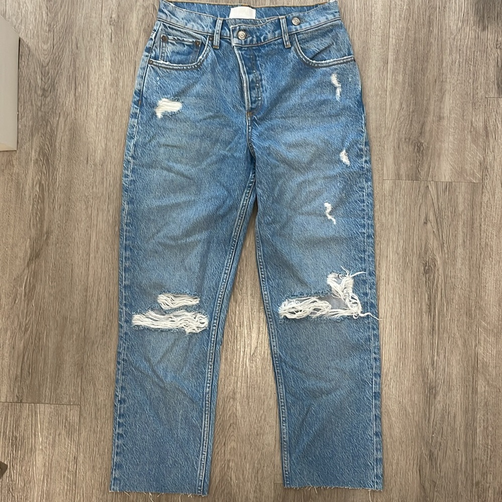Boyish Casey Distressed Denim Straight Leg Crossover Button Fly Raw Hem 25